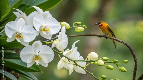 Orange-Breasted Bird on Orchid: A vibrant orange-breasted bird perches delicately on a branch adorned with pristine white orchids, creating a striking contrast against the lush green backdrop.