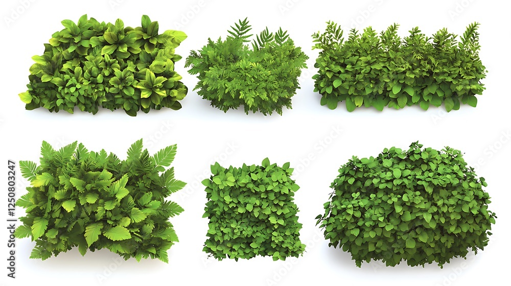 set of verdant garden bushes with varied leaf detls and natural textures, rendered as crisp on white background set of verdant garden bushes with varied leaf detls and natural textures, rendered as crisp on white background