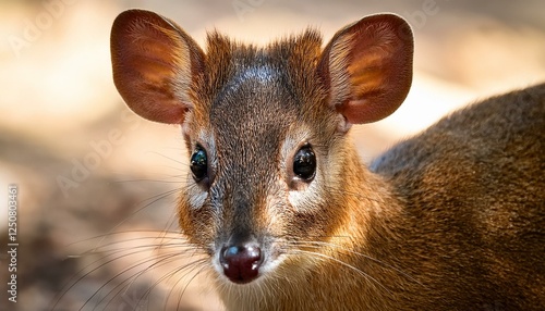 A close up shot of the face of a mouse deer looking straight into camera lens; Mouse deer, Chevrotains or Napuh in Malay; photo