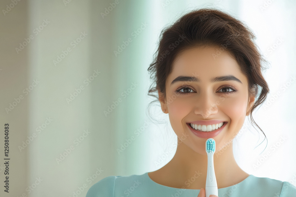 young indian woman holding electric toothbrush on white background young indian woman holding electric toothbrush on white background