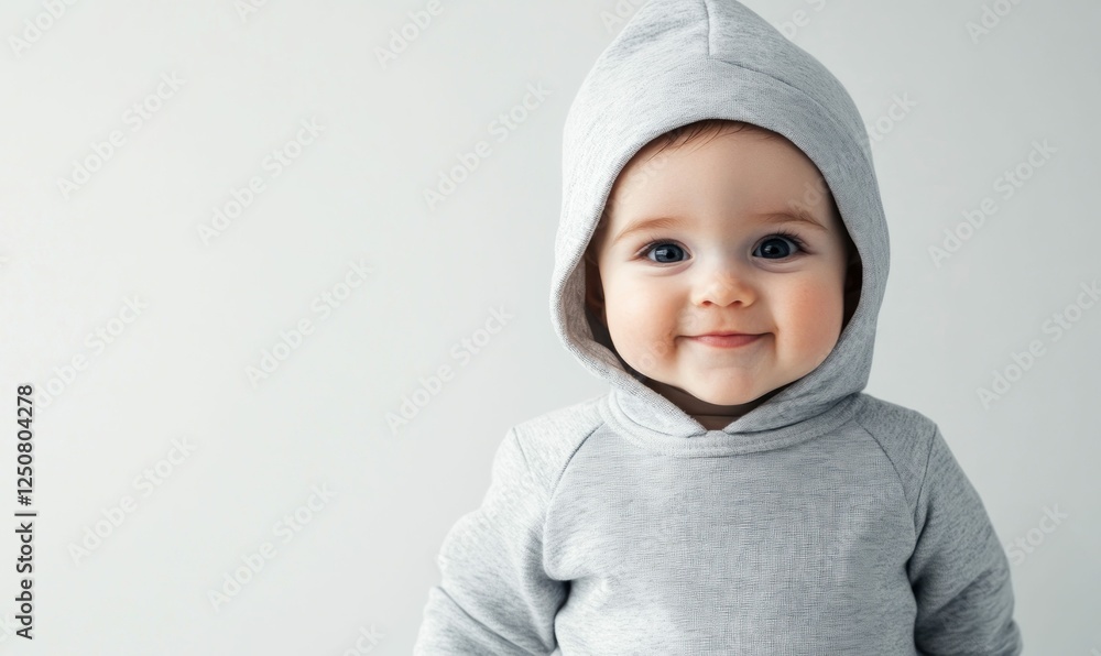 Smiling Baby in Gray Hoodie on a White Background Smiling Baby in Gray Hoodie on a White Background