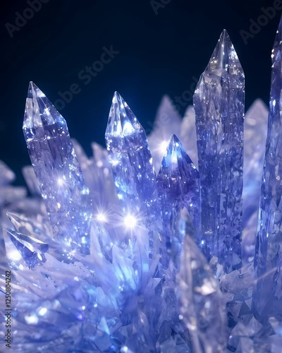神秘的な光に照らされた美しい水晶の群れが、堂々とそびえ立っている。その鋭い尖塔はまるで魔法の王国の塔のように空へと伸び、銀色の輝きと深い青の色彩を反射している。

それぞれの欠片はまるで宇宙の本質を閉じ込めているかのように輝き、小さな星々がその内部で脈打っている。