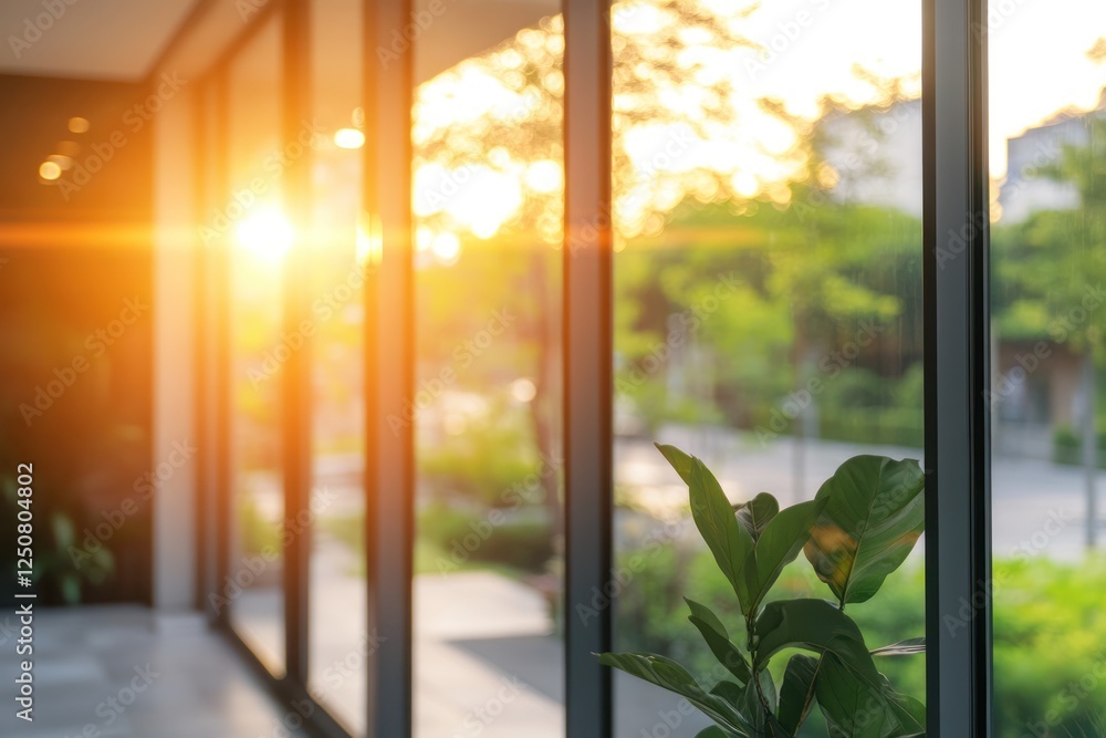 Fototapeta premium Sunlight streaming through large windows illuminating a modern interior with greenery