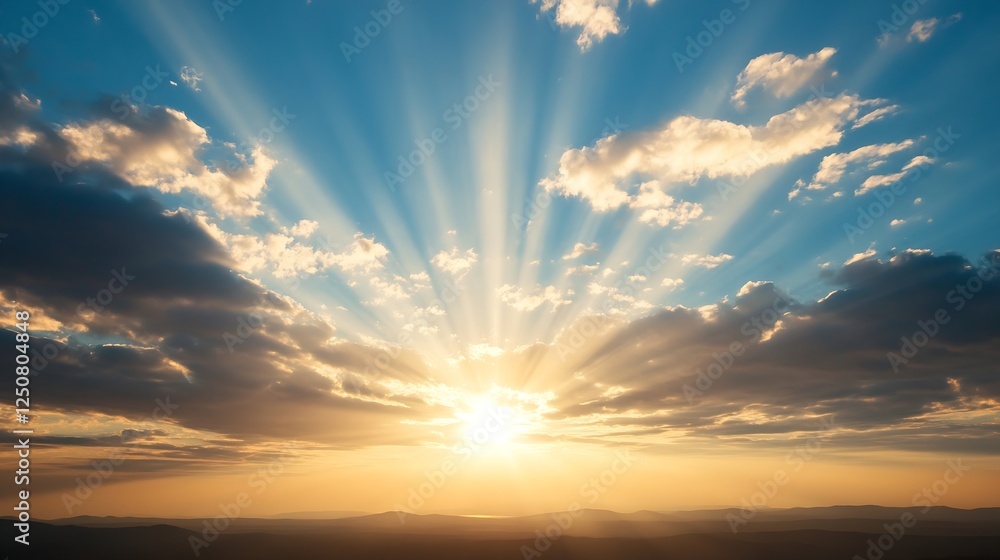 Fototapeta premium Stunning Sunrise Landscape with Dramatic Rays of Light Shining Through the Clouds over a Horizon : Generative AI