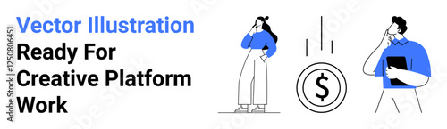 Two people thinking, representing decision-making and financial opportunities, alongside a dollar coin graphic. Ideal for business, freelancing, finance, career planning, brainstorming, startups