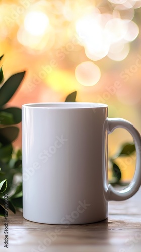 White ceramic coffee mug with soft bokeh lights, phone wallpaper