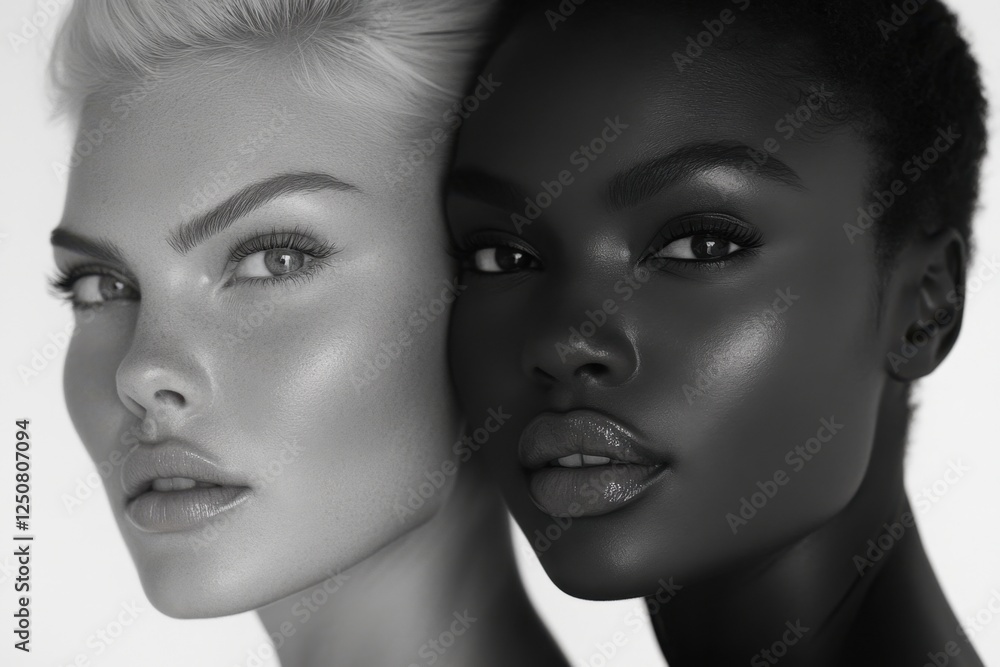 Two models posing together showing diversity and inclusion in beauty advertisement style Two models posing together showing diversity and inclusion in beauty advertisement style