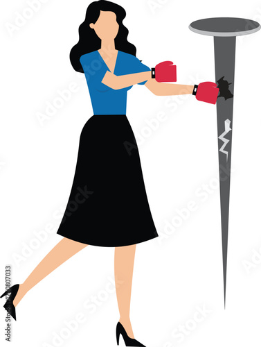 Each one strikes at the other, the businesswoman wearing boxing gloves boxing strikes a nail in front of him