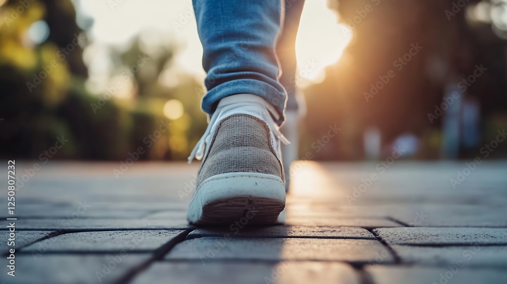 Fototapeta premium Individual Walking on Cobblestone Pathway with Sunlight in Background Creating a Peaceful Scene : Generative AI