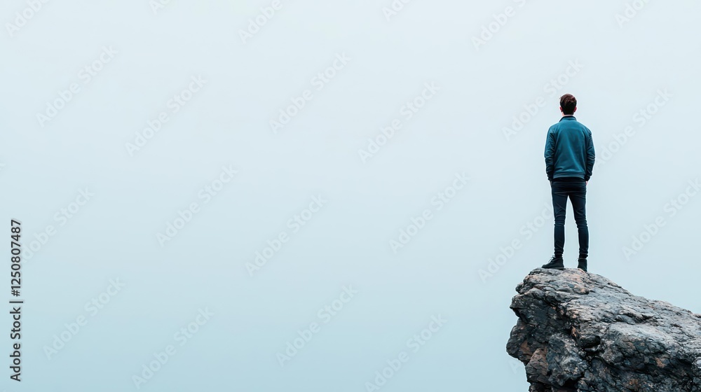 Man Standing On Rocky Cliff Edge In Misty Landscape Man Standing On Rocky Cliff Edge In Misty Landscape
