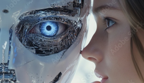 Close up of an ai robot s face with blue eyes and circuitry, interacting with a futuristic woman photo