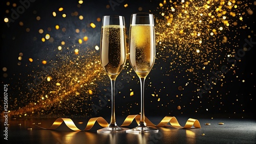 Black Background Champagne Glasses Golden Confetti Celebration