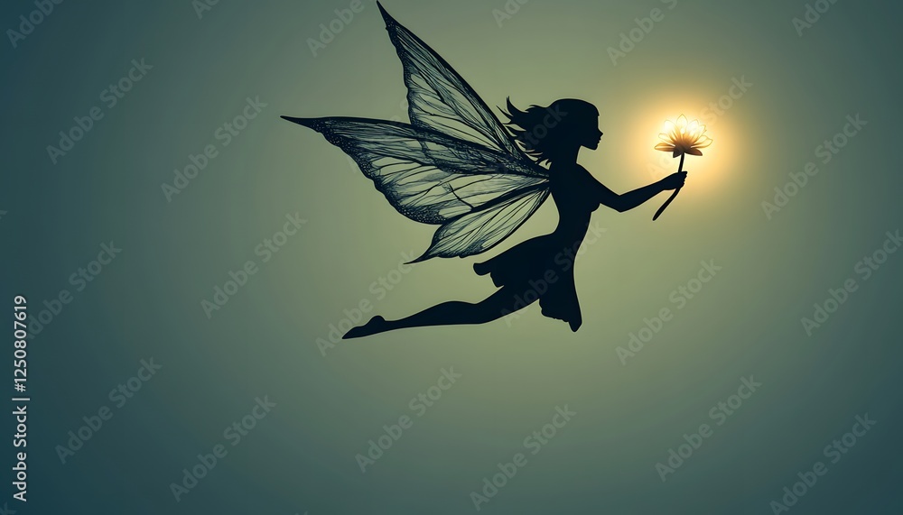 Fototapeta premium A Fairy Silhouette Soaring With A Glowing Flower