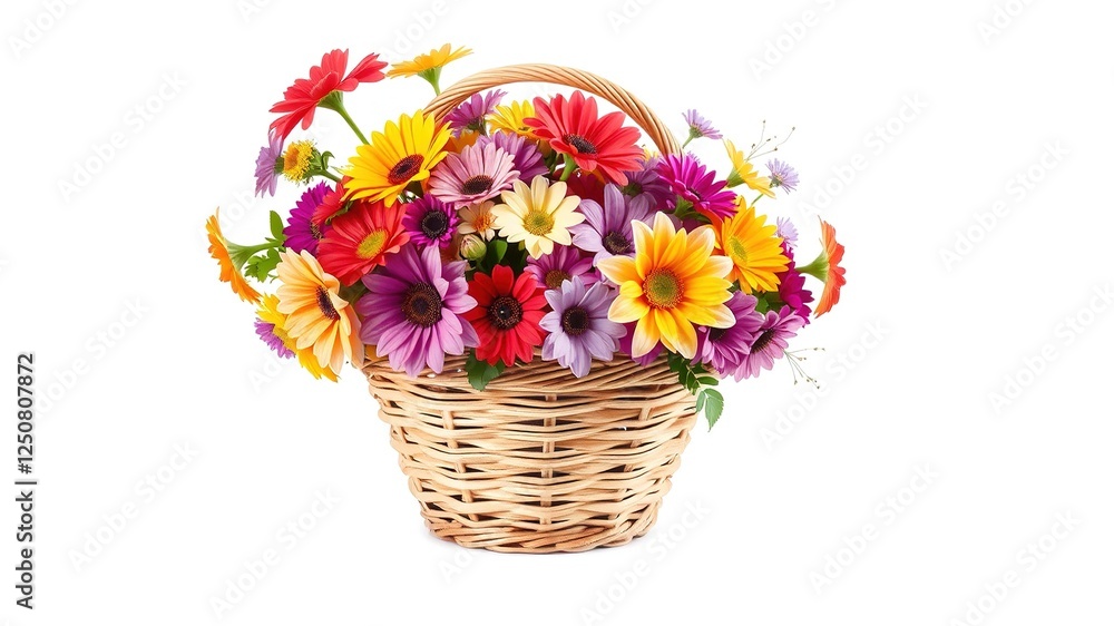Fototapeta premium Blooms in Texture: Rustic Basket Adorned with Colorful Flowers