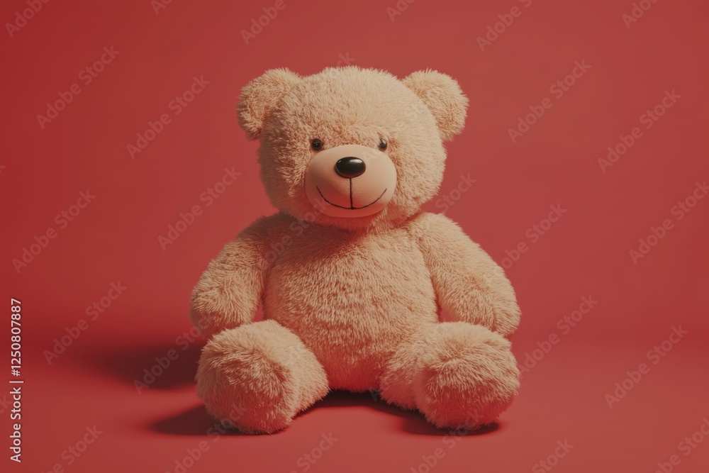 Cute smiling plush teddy bear doll in red room. Background with shadow reflection. Playful bright bear sitting. Cute smiling plush teddy bear doll in red room. Background with shadow reflection. Playful bright bear sitting.