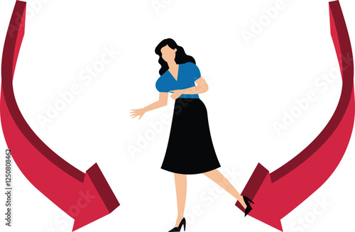 Plummeting, wages or incomes diminishing, desperate businesswomen looking at the steeply falling arrow