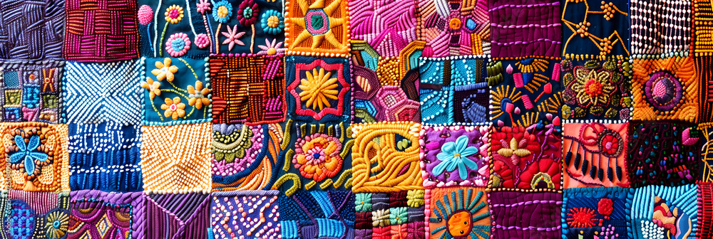 A Kaleidoscope of Stitch Patterns: A Vibrant Quilt Displaying Intricate and Diverse Motifs in Harmonious Colors A Kaleidoscope of Stitch Patterns: A Vibrant Quilt Displaying Intricate and Diverse Motifs in Harmonious Colors