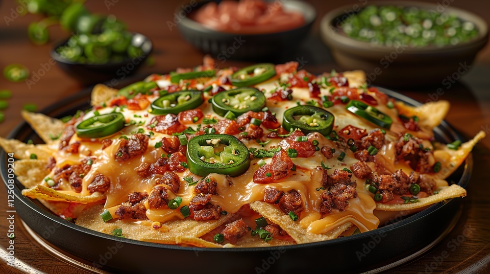 A plate of nachos topped with melted cheese and jalapeños. HD 8K wallpaper Photographic Image A plate of nachos topped with melted cheese and jalapeños. HD 8K wallpaper Photographic Image