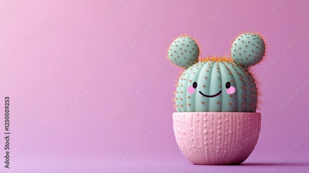 Cute cartoon cactus in pink pot with smiling face and bear ears on colorful pastel background Cute cartoon cactus in pink pot with smiling face and bear ears on colorful pastel background