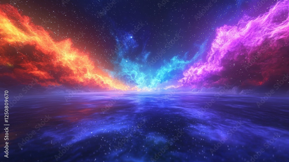 Vibrant cosmic landscape with swirling colors above a tranquil ocean at night Vibrant cosmic landscape with swirling colors above a tranquil ocean at night