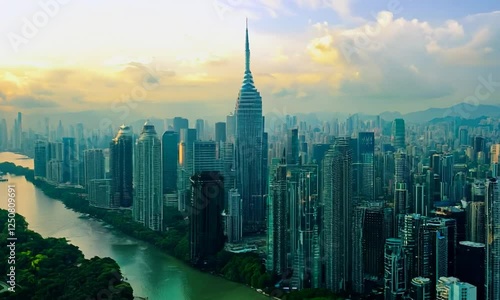 An aerial video shot of a modern city skyline, with towering buildings, a winding river, and green spaces. The camera pans across the city, showcasing its impressive scale and architectural 
