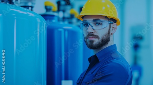 A focused male worker wearing a helmet and safety glasses stands near large industrial tanks in a factory setting photo