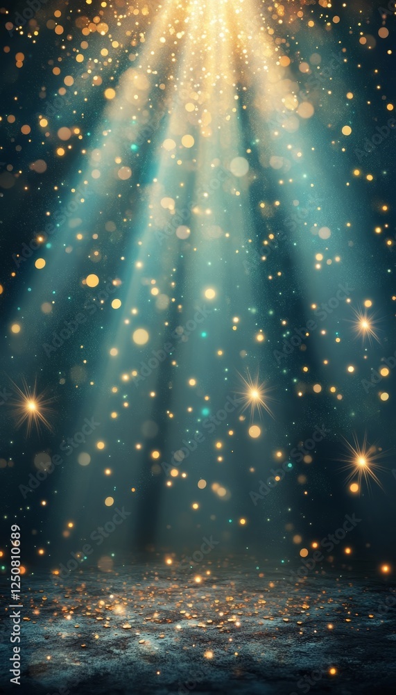 Obraz premium Rays Of Hope Abstract Background With Converging Light Beams, Bokeh Circles And Glowing Particles