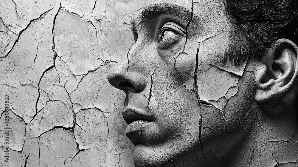 Textured portrait of a man with cracked skin reflecting deep emotion and resilience in an artistic close-up Textured portrait of a man with cracked skin reflecting deep emotion and resilience in an artistic close-up