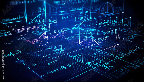 Abstract digital data visualization. Glowing blue and purple lines and equations create a futuristic, technological feel. Ideal for tech, science, AI, and data analysis projects.