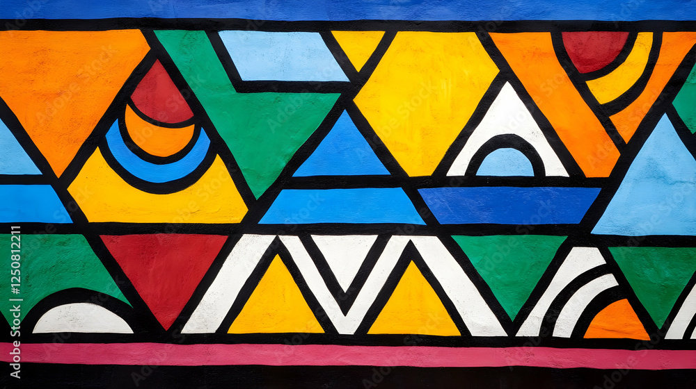 Fototapeta premium Bright triangles and circles create an abstract artwork, enhancing the urban landscape with color