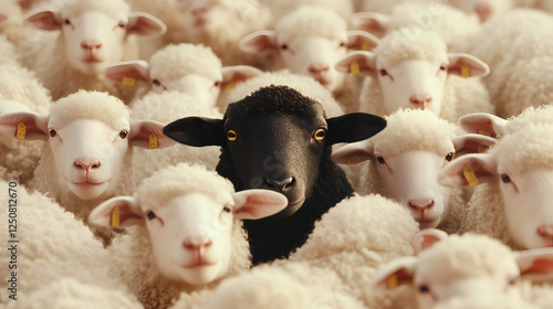 A single black sheep stands out prominently among a dense flock of white sheep. photo