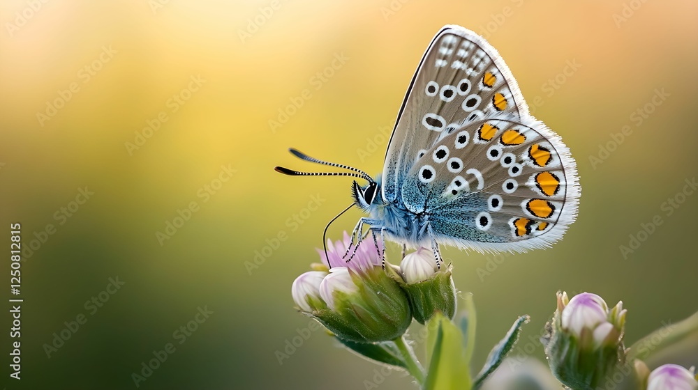 Colorful butterfly perched on a delicate flower in a serene garden setting Colorful butterfly perched on a delicate flower in a serene garden setting