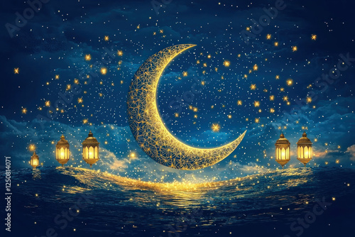 Wallpaper Mural Golden crescent moon, lanterns, starry night sky Torontodigital.ca