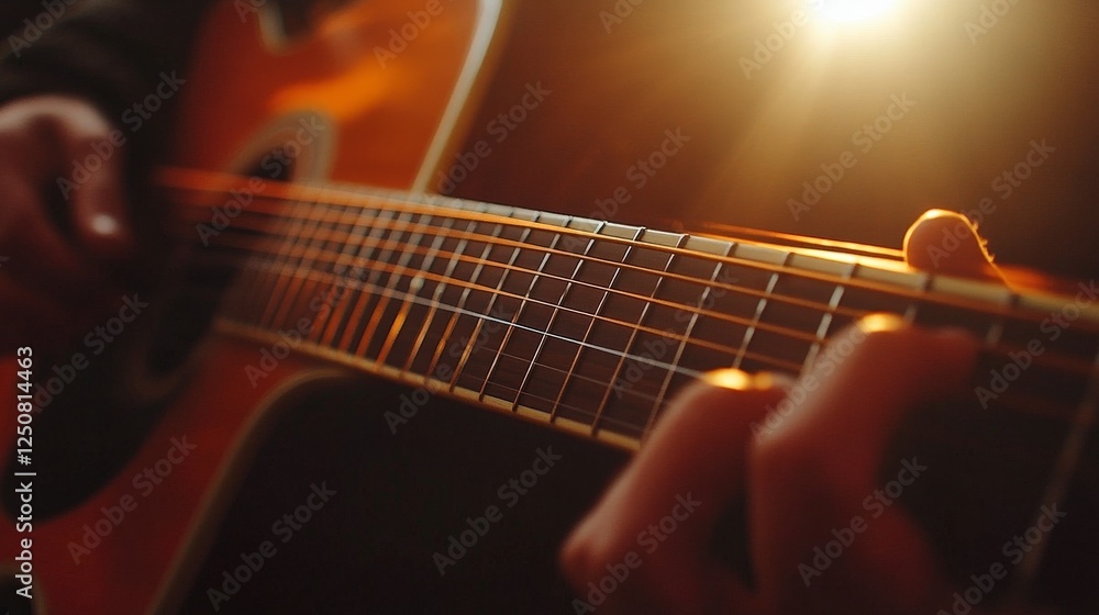 Naklejka premium Hands Playing Acoustic Guitar Under Soft Warm Light