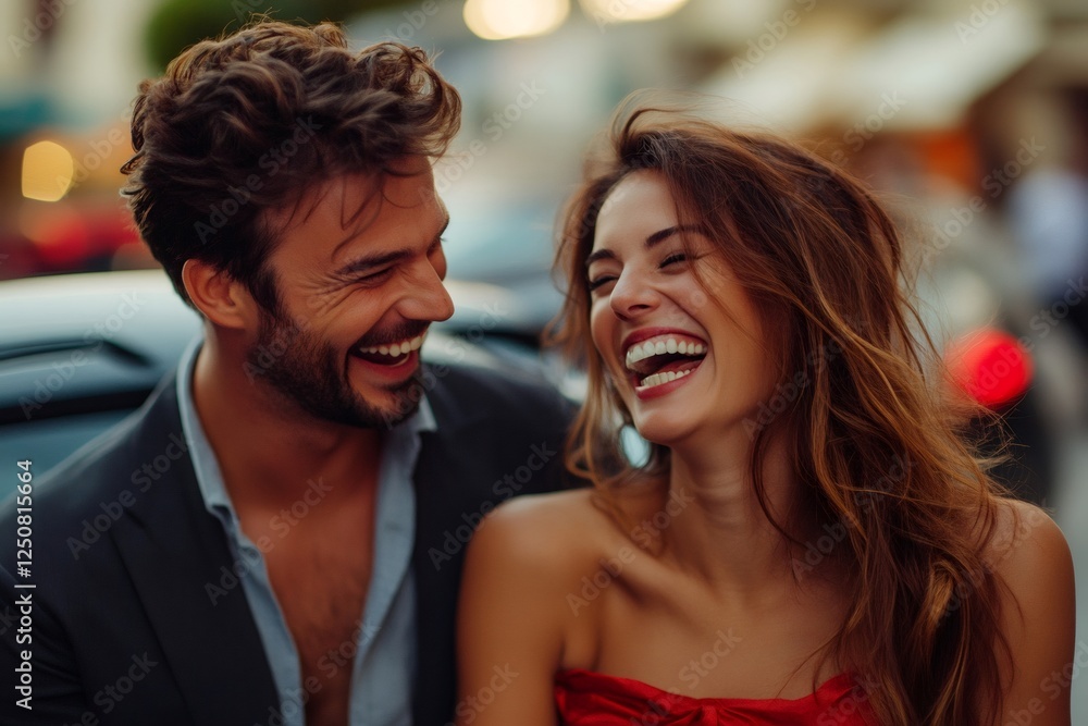 Elegant couple laughing together on a romantic date Elegant couple laughing together on a romantic date