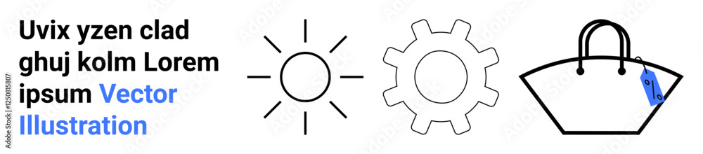 Sun with rays, gear silhouette, and handbag with tag highlighting themes of innovation, fashion, travel, retail, creativity, technology and commerce. Ideal for flat landing page banner Sun with rays, gear silhouette, and handbag with tag highlighting themes of innovation, fashion, travel, retail, creativity, technology and commerce. Ideal for flat landing page banner