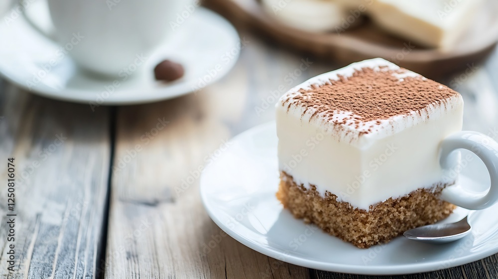 Delicious creamy dessert topped with cocoa powder served on a white plate against rustic wooden background : Generative AI