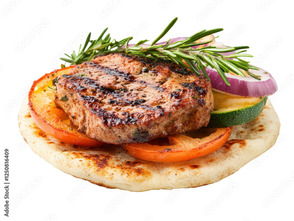 Isolated Grilled Meat Cutlet on Flatbread Isolated Grilled Meat Cutlet on Flatbread