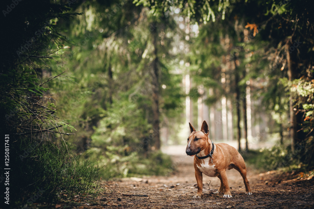 A brown and white bull terrier stands on a dirt path in a forest. A brown and white bull terrier stands on a dirt path in a forest.