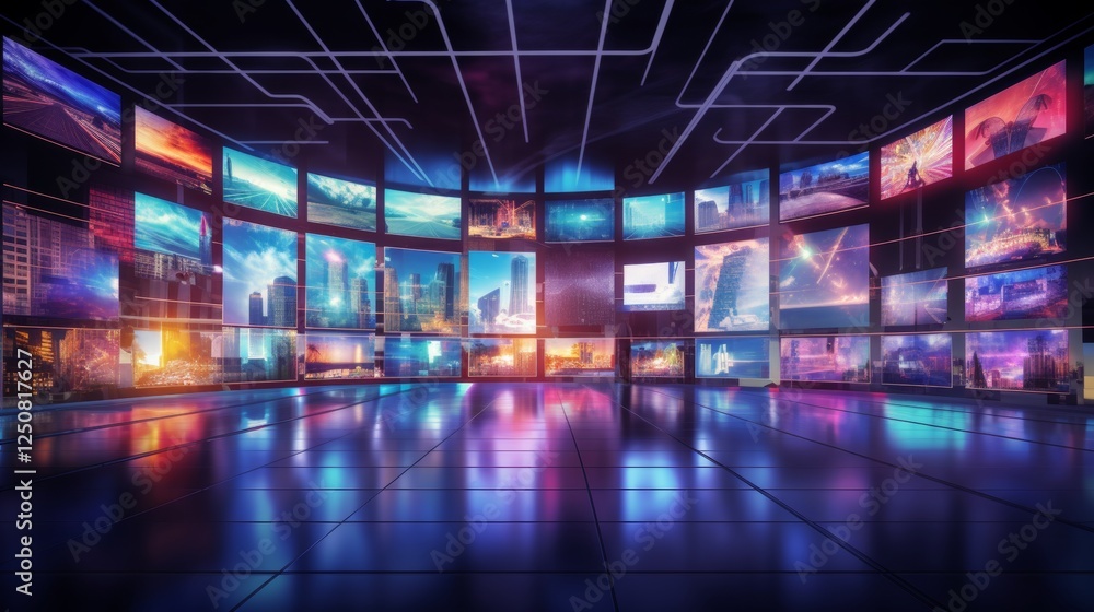 Futuristic media wall featuring numerous high definition screens showcasing dynamic content Futuristic media wall featuring numerous high definition screens showcasing dynamic content