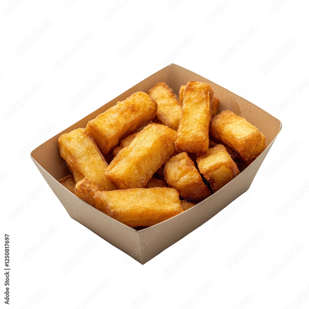 Isolated Golden Fried Potato Chunks in a Rustic Tray Isolated Golden Fried Potato Chunks in a Rustic Tray