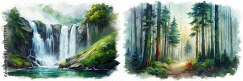Beautiful watercolor landscape, serene waterfall scene, lush green forest, tranquil nature setting, peaceful outdoor escape.