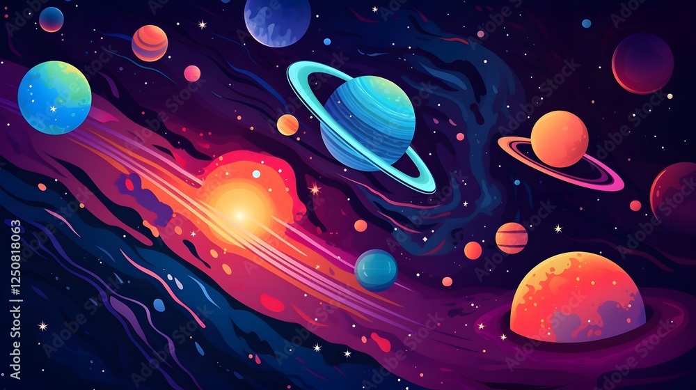 Vivid cosmic scene with colorful planets, swirling galaxies, and bright stars, perfect for space-themed projects or wallpapers. Vivid cosmic scene with colorful planets, swirling galaxies, and bright stars, perfect for space-themed projects or wallpapers.