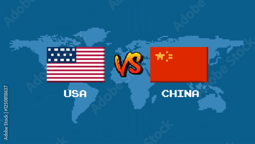 Pixel art.Flag USA and China on Computer Chip . Global chip shortage crisis and China-United States trade war concept.	