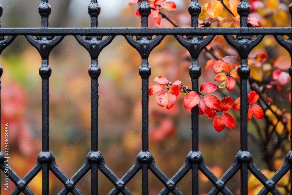 Red and orange autumn leaves emerging through black painted wrought iron fence Red and orange autumn leaves emerging through black painted wrought iron fence