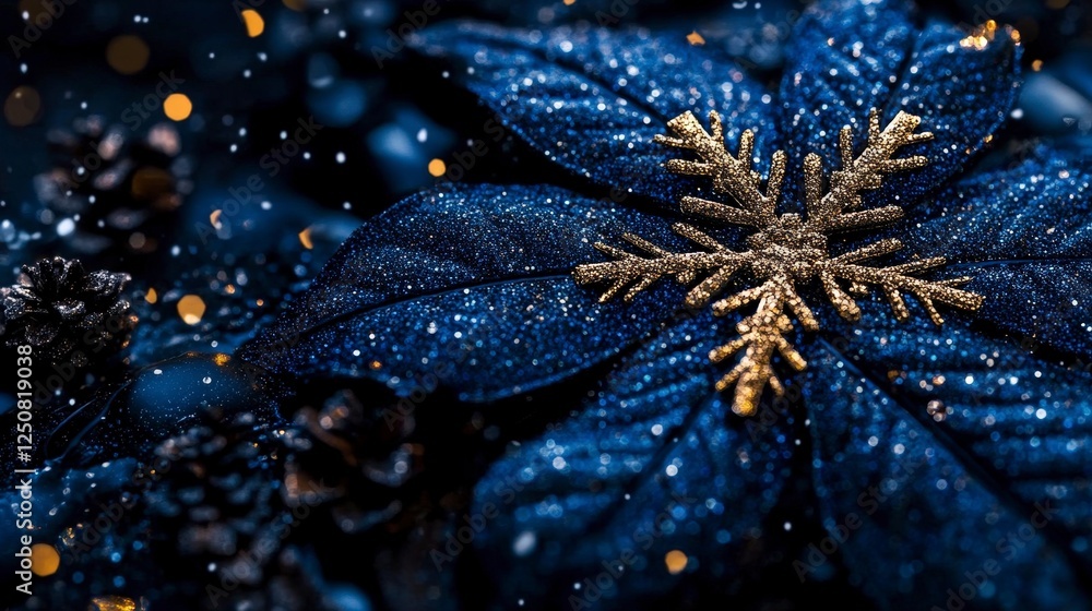 Glittering Blue Leaf with Gold Snowflake Surrounded by Pine Cones Glittering Blue Leaf with Gold Snowflake Surrounded by Pine Cones