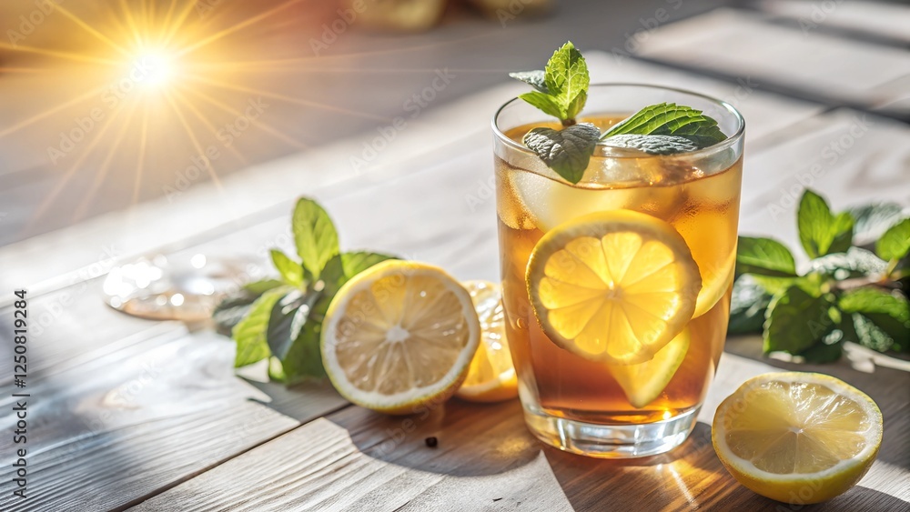 Fototapeta premium A refreshing glass of iced tea with lemon slices, mint leaves, and strawberries on a rustic wooden table, surrounded by fresh ingredients, with golden sunlight streaming in from the background.