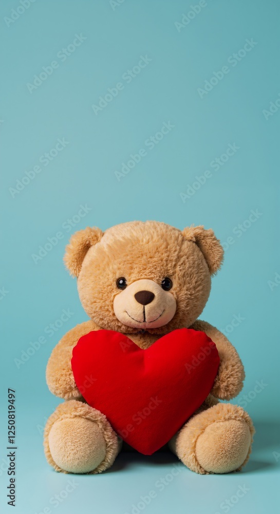 Vertical photo of a teddy bear holding a red heart on a blue studio background. Copy space for text. A couple of bear plush toys. For Valentine's day Vertical photo of a teddy bear holding a red heart on a blue studio background. Copy space for text. A couple of bear plush toys. For Valentine's day