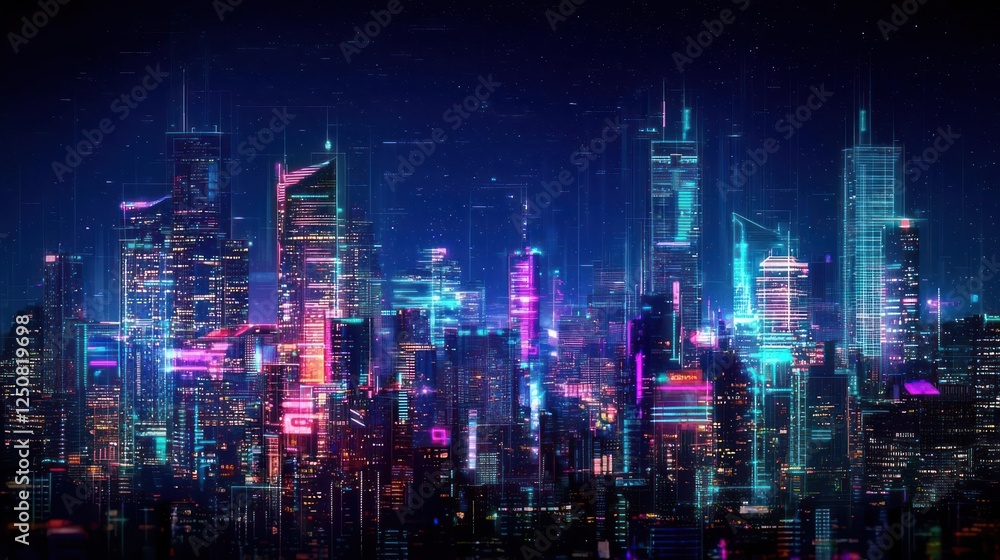 Fototapeta premium Futuristic City Skyline At Night With Neon Lights