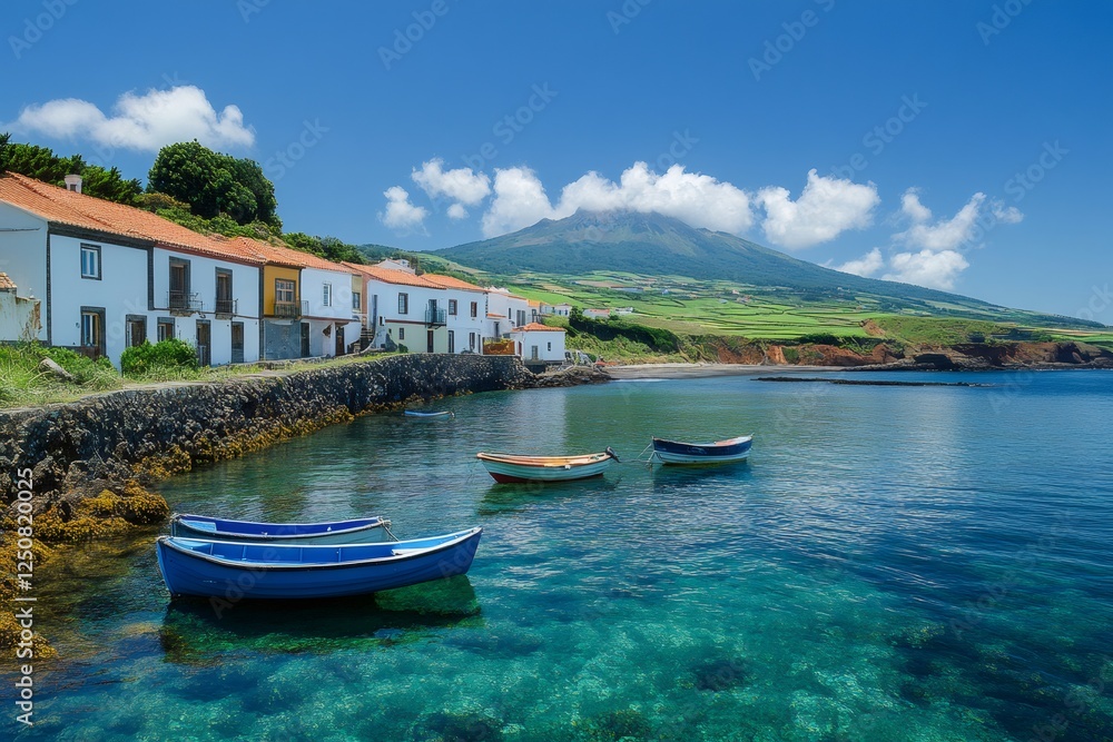 Fishing boats floating on calm water near picturesque village in the azores Fishing boats floating on calm water near picturesque village in the azores